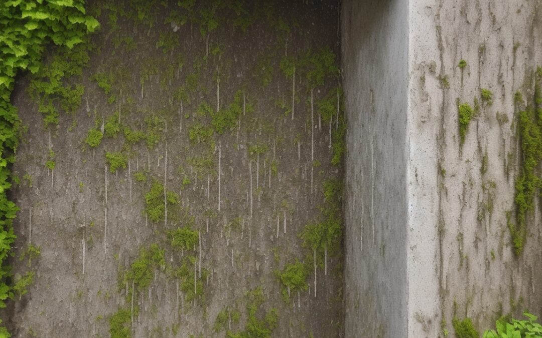Vochtige buitenmuur door regeninsijpeling; oplossing: drainage, waterdichting en onderhoud om vochtproblemen te voorkomen.