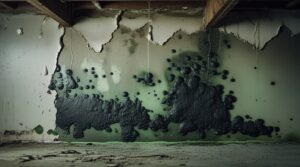 Schimmelvorming en zwarte schimmel op keldermuur door vocht - gezondheidsrisico